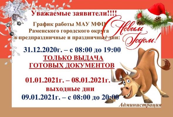 График работы МФЦ Раменского городского округа в предпраздничные и праздничные дни нового